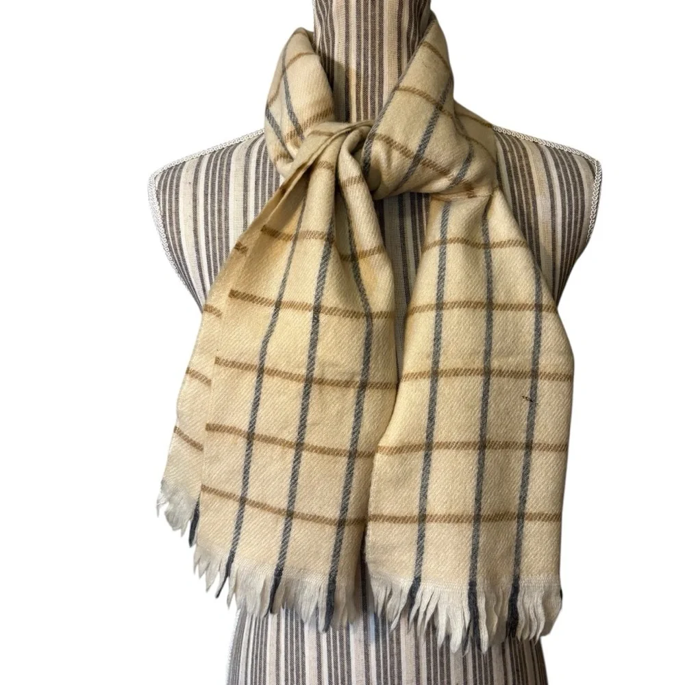 Vintage Liz Claiborne Scarf 100% Wool Cream Beige and Gray Plaid Fringe